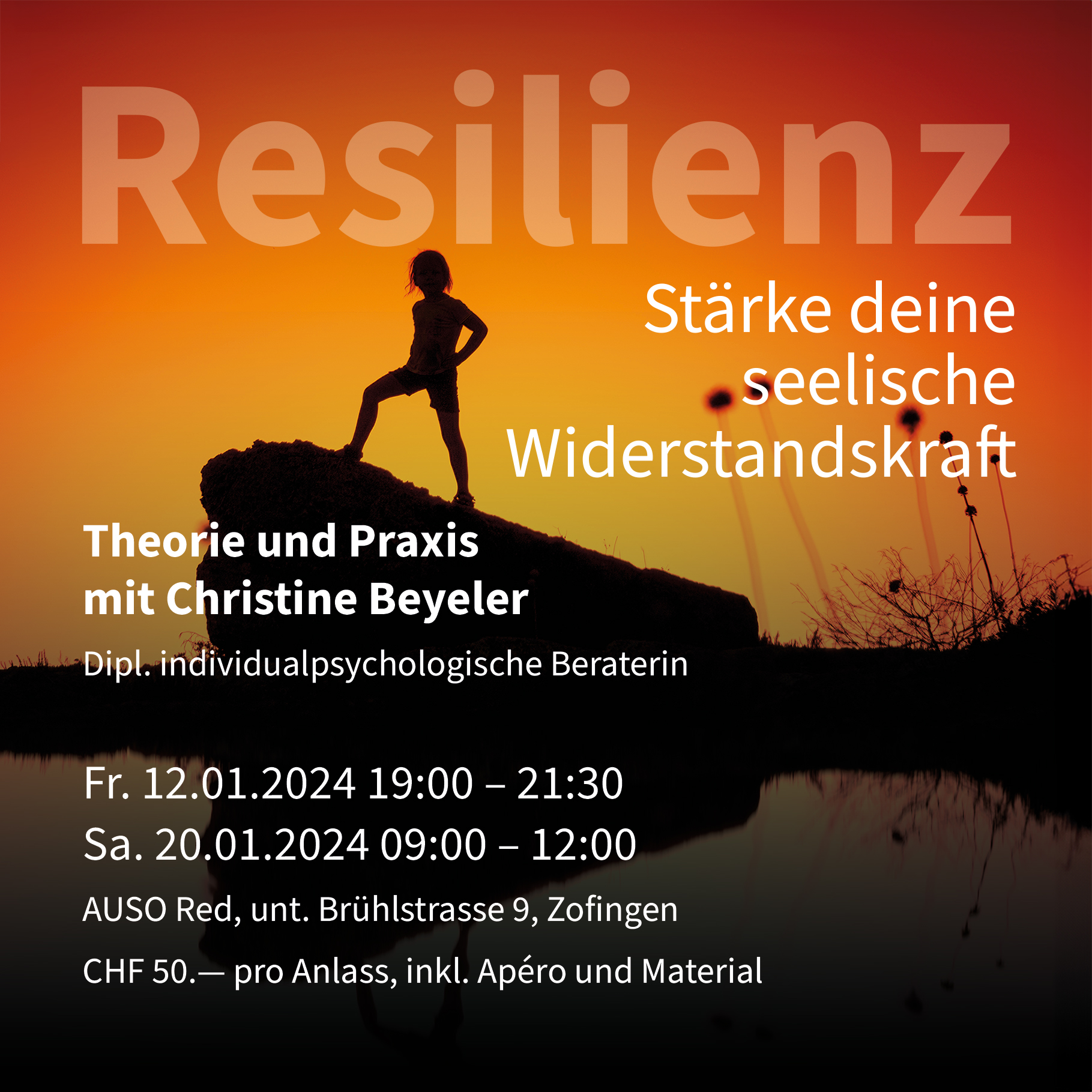 Flyer Resilienzanlässe 2024- Stärke deine seelische Widerstandskraft - Theorie und Praxis mit Christine Beyeler